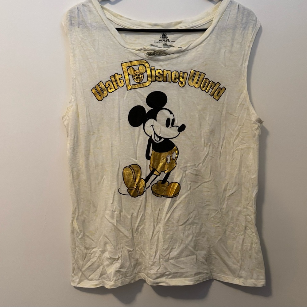 Disney women’s White and Gold Logo Tank top large